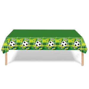 Green soccer theme plastic tablecloth with trophy prints for football party decorations