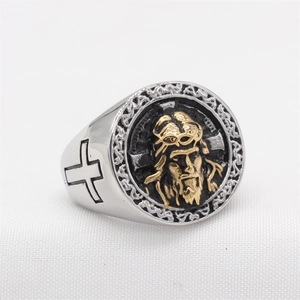 Vintage religious men's steel ring with Jesus relief and gold cross accents