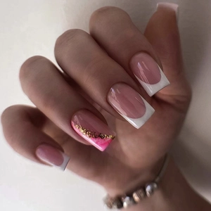 Unghie Finte Elegante Rosa Rosso Champagne Foglia D'oro Design Marmo Forma Quadrata French Tip Per Donne
