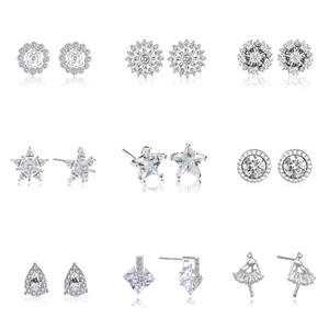 Detailed grid of nine 925 sterling silver stud earrings with zirconia in various shapes