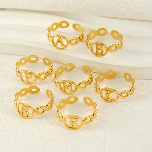 Golden 18K gold-plated initial rings with adjustable open band and chain design