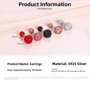 Detail of S925 silver double-sided crystal ball earrings with 10mm and 6mm pavé rhinestones