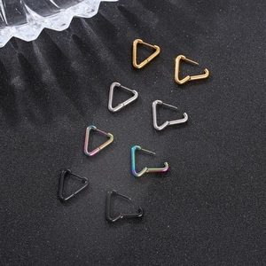 Detailed set of triangular stainless steel earrings in gold, silver, rainbow, and black