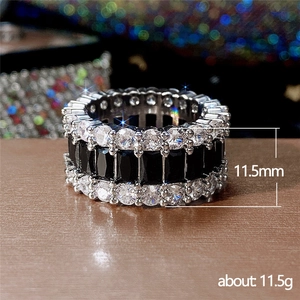 Luxurious 11.5mm wide ring with AAA white zircons and a central row of black gemstones