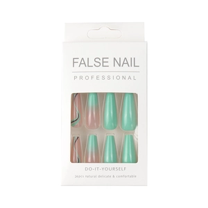 Mint green and nude pink gradient press-on nails with black abstract line art in a retail box
