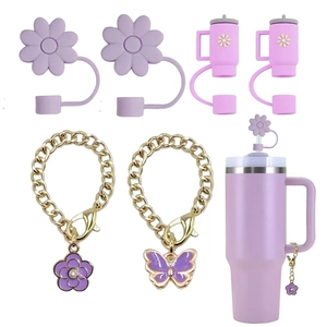 Purple silicone straw covers and gold floral butterfly charms for tumbler accessories