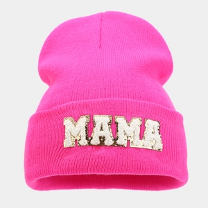 Rose pink knit beanie featuring gold-edged MAMA towel embroidery patch for women