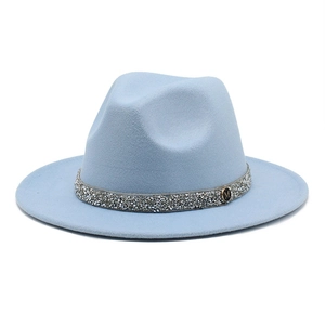 Elegant light blue wool felt fedora hat with sparkling rhinestone band and M metal logo