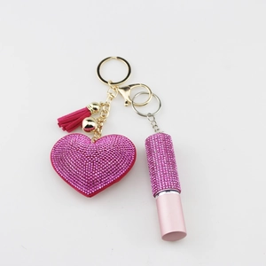 Pink heart and lipstick rhinestone 5ml perfume bottle keychain with a silk tassel