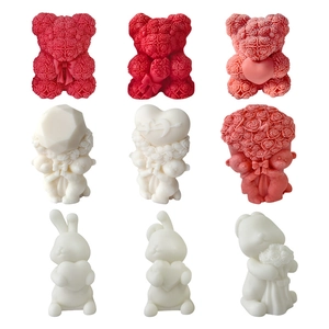 3x3 grid display of rose bear and rabbit silicone molds for DIY soap and candle making