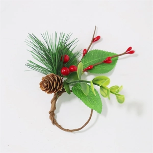 Christmas Napkin Rings Artificial Pine Needle Pine Cone Red Berry Eucalyptus Satin Fabric Table Decor Holiday Party