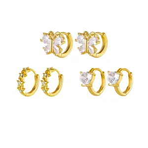 Elegant Copper Hoop Earrings With Sparkling Zirconia Butterfly Heart Star Shapes Gold Plated Huggie For Women Jewelry