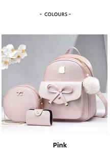 Detailed pink three-piece backpack set with bow metal buckle and white faux fur pompom charm