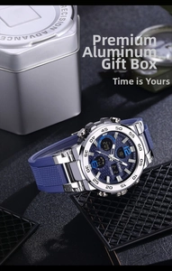 Close-up of SKMEI dual display sports watch with blue silicone strap and metal gift box