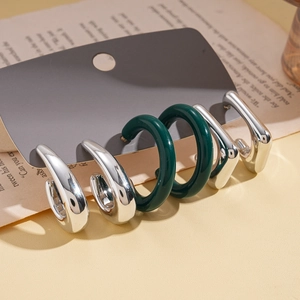 Set of three chunky acrylic C-shaped hoop earrings in silver and dark green finish