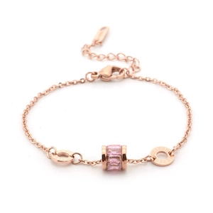 Rose gold titanium steel bracelet with pink crystal and Roman numeral hollow charms