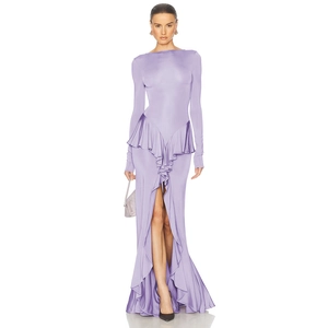 Detail of elegant lavender long-sleeved dress with ruffled hemline and side slit detail