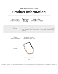 Detail specifications of multi-color faux pearl necklace with dimensions and weight info