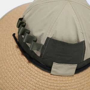 Detail of outdoor quick-dry sun hat showing woven brim stitching and Molle webbing loops