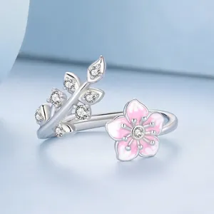 S925 sterling silver open ring with pink enamel cherry blossoms and white cubic zirconia
