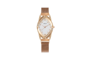 Detail of rose gold mesh band watch with crystal-encrusted case and white dial