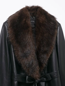 Detail of black faux leather coat featuring a detachable brown fur collar and textured finish
