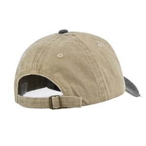 Detail of adjustable bronze metal buckle on vintage washed cotton motorcycle baseball cap