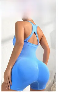 Detail of racerback cutout and elastic fabric on sky blue yoga bodysuit for women