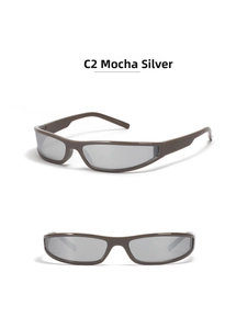 Detailed view of mocha brown Y2K sporty sunglasses with silver mirrored lenses from two angles
