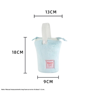 Detail of light blue plush stationery bag showing soft fur texture and zip closure