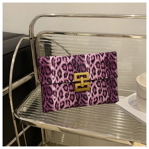 Leopard Print Envelope Clutch Bag Faux Fur Gold Geometric Buckle Party Underarm Purse For Women Stylish