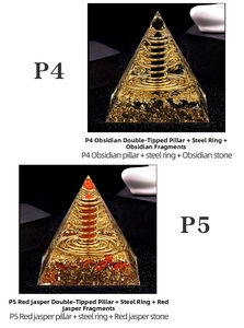 Macro detail of Orgone Pyramids with Obsidian, Red Jasper, gold foil and copper spirals