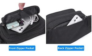 Close-up of waterproof black waist bag with front and back zipper pockets for storage