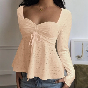 Slim fit cream long sleeve lace top for women with square neck and drawstring details
