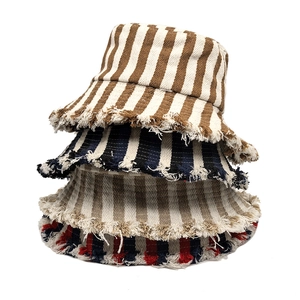Retro Stripe Bucket Hat Frayed Edge Canvas Texture Sun Protection Outdoor Vacation Casual Fashion For Women