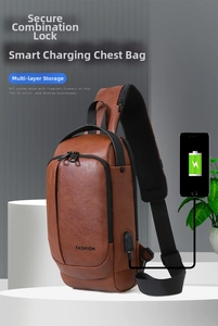 Brown PU leather chest bag with security lock and external USB charging port