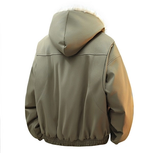 Retro heren parka met capuchon en imitatiebontkraag in olijfgroen, achteraanzicht jas