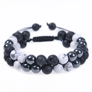 Zweilagiges Perlenarmband Natürlicher Weißer Howlith Lavastein Hämatit Diffusor Verstellbares Geflochtenes Seil Herrenschmuck