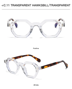 Front and 45-degree side view of geometric hexagonal transparent glasses with tortoiseshell temples