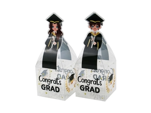 Detail of transparent PVC candy boxes with black graduation cap prints and Congrats GRAD text