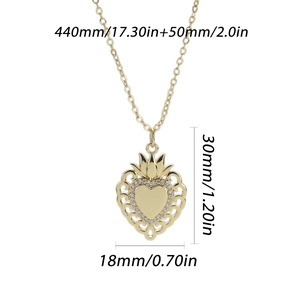 Detailed dimensions of the gold heart pendant with crown and zircon stones