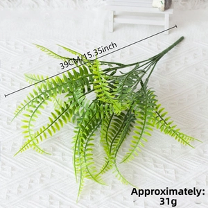 Detail view of 39cm artificial Boston fern with green fronds and size measurements