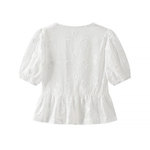 White embroidered peplum top with puff sleeves and 3D floral details for women