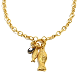 18K gold plated stainless steel O-chain necklace with fish pendants and evil eye charm