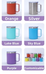 Selection of 12oz stainless steel insulated mugs in blue, orange, and silver with handles