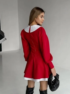 Red French doll collar mini dress with white Peter Pan collar and lantern sleeves