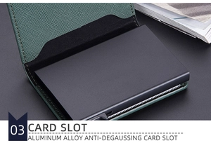 Close-up of the 3-slot aluminum alloy RFID blocking card holder in dark green leather