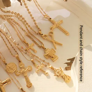 Retro 18K gold plated titanium cross and scissor pendant necklaces on textured background