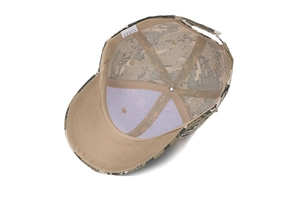 Internal view showing 100% acrylic fabric and adjustable strap of camo baseball cap