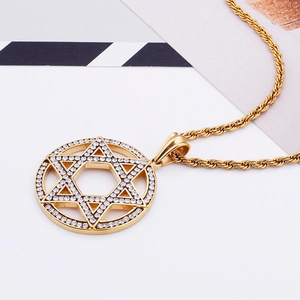 Gold plated stainless steel hexagram star pendant necklace with sparkling diamonds